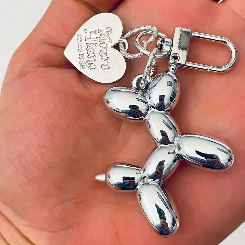 NWT Gorgeous Silver Metal Trendy Laser Balloon Art Dog Shiny Keychain Bag Charm